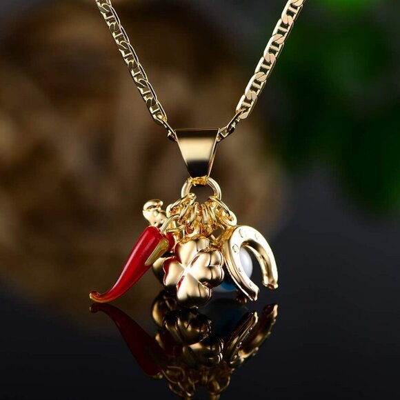 18K Gold Plated Luck Charms Necklace With Mariner Chain – Made In Brazil - Picture 5 of 6